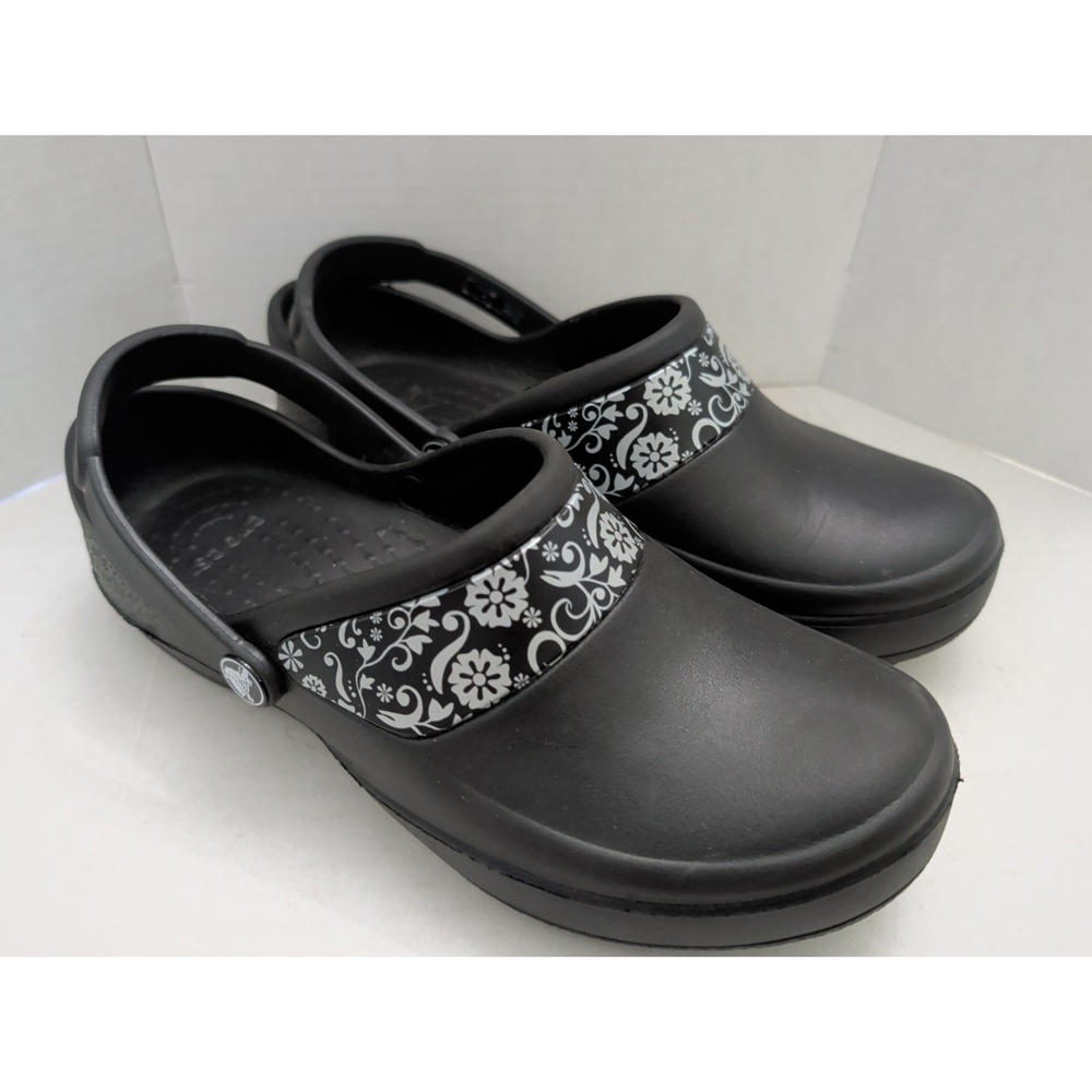 Crocs Mercy Women's Work Clog Black Silver Floral Trim Slip Resistant Size 8